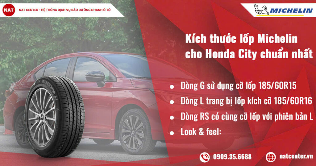 Kích thước lốp Michelin cho Honda City theo từng phiên bản