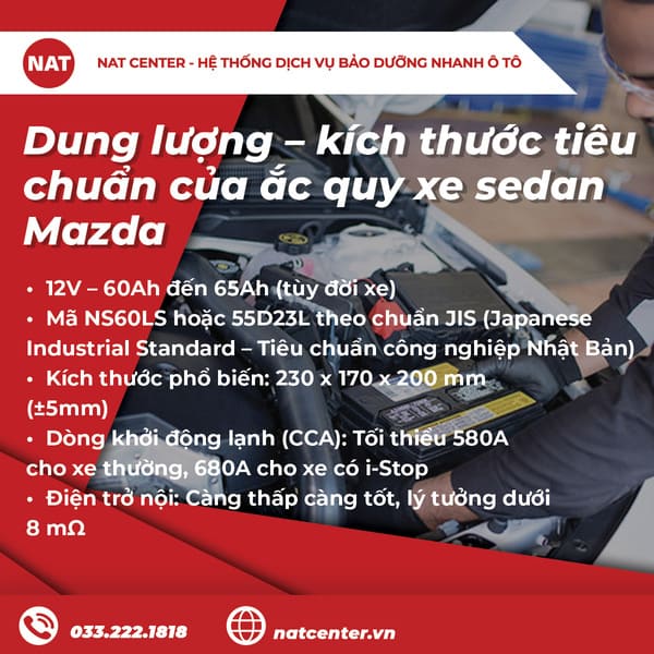 Dung lượng – kích thước tiêu chuẩn của ắc quy xe sedan Mazda