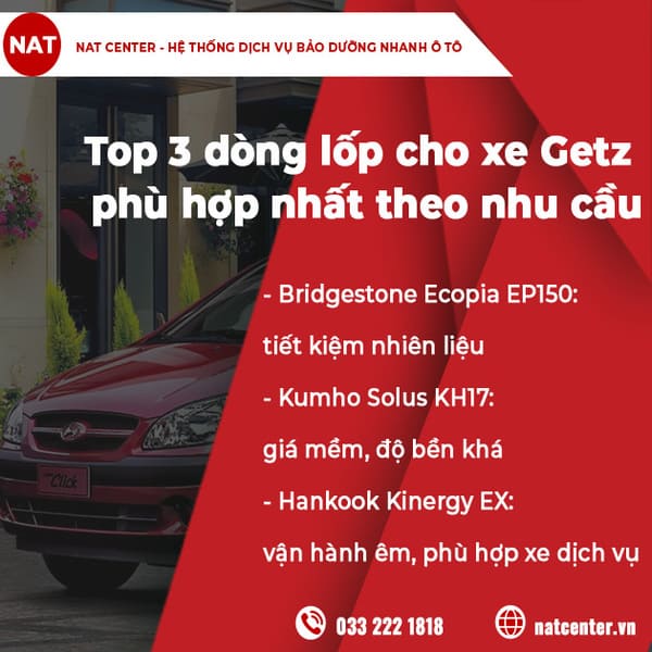 Top 3 dòng lốp xe Getz phù hợp nhất theo nhu cầu