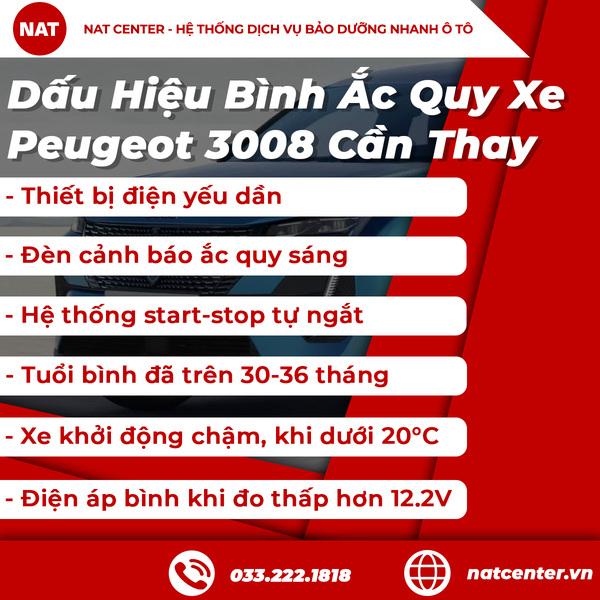 Dấu hiệu bình ắc quy xe Peugeot 3008 cần thay