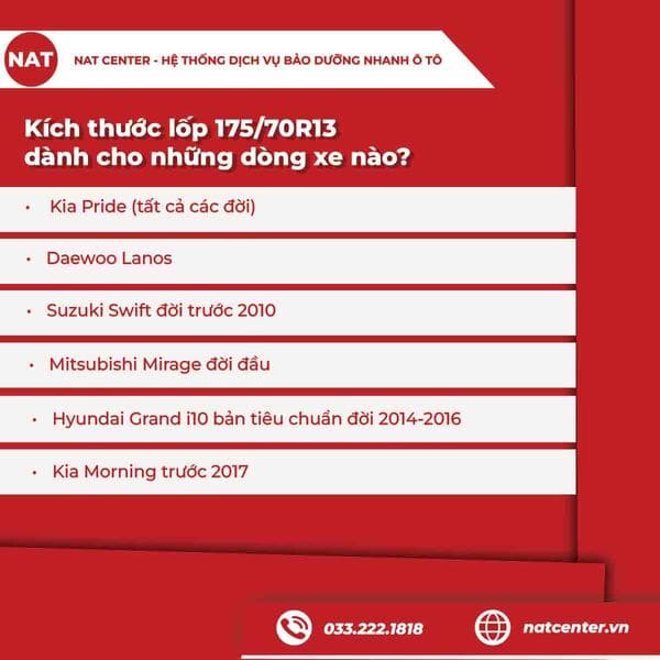 Kích thước lốp 175/70R13 dành cho những dòng xe nào?