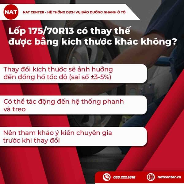 Lốp 175/70R13 có thay thế được bằng kích thước khác không?