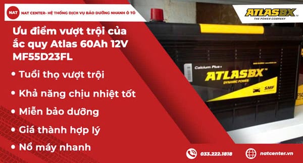 Ưu điểm vượt trội của ắc quy Atlas 60Ah 12V MF55D23FL tại NAT Center