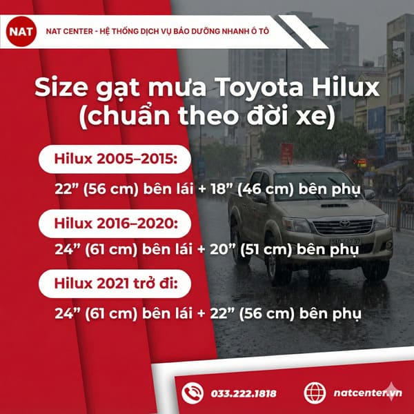 Kích thước gạt mưa Hilux chuẩn theo đừng đời xe
