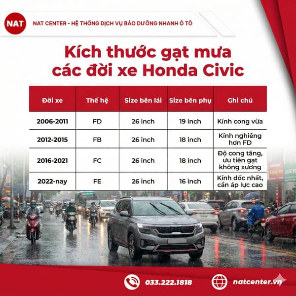 Bảng kích thước gạt mưa Honda Civic theo đời xe