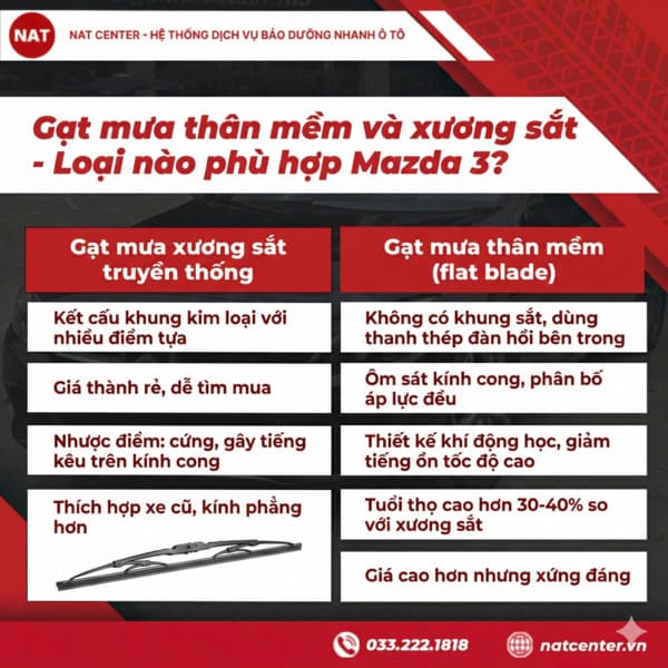 Gạt mưa thân mềm hay xương sắt phù hợp xe Mazda 3