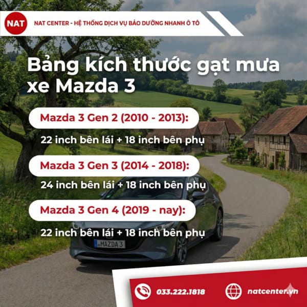 Bảng kích thước gạt mưa xe Mazda 3 chính hãng