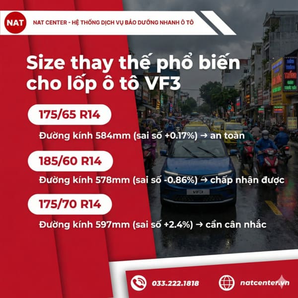 Size thay thế phổ biến cho lốp xe ô tô VF3