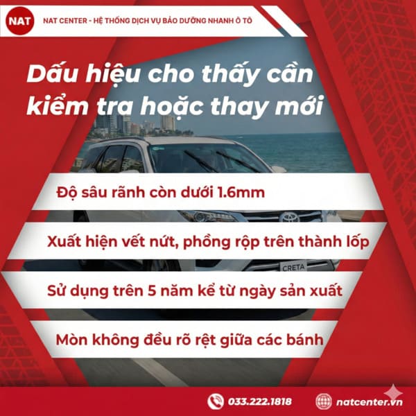 Các dấu hiệu cần kiểm tra hoặc thay mới lốp xe Creta