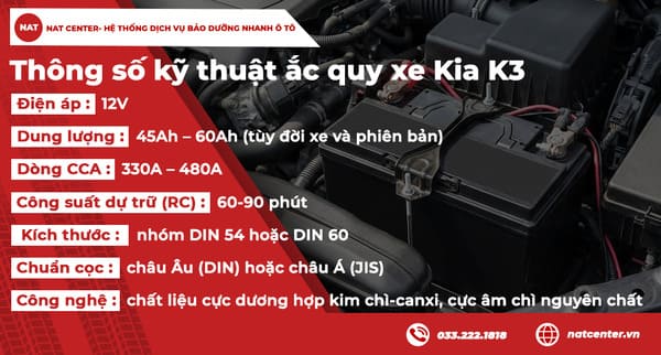 Các thông số ắc quy KIA K3 