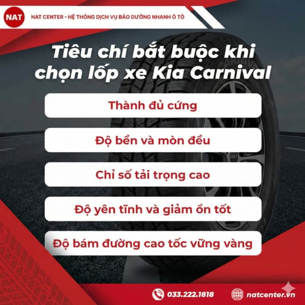 Tiêu chí bắt buộc khi chọn lốp xe Kia Carnival theo NAT Center