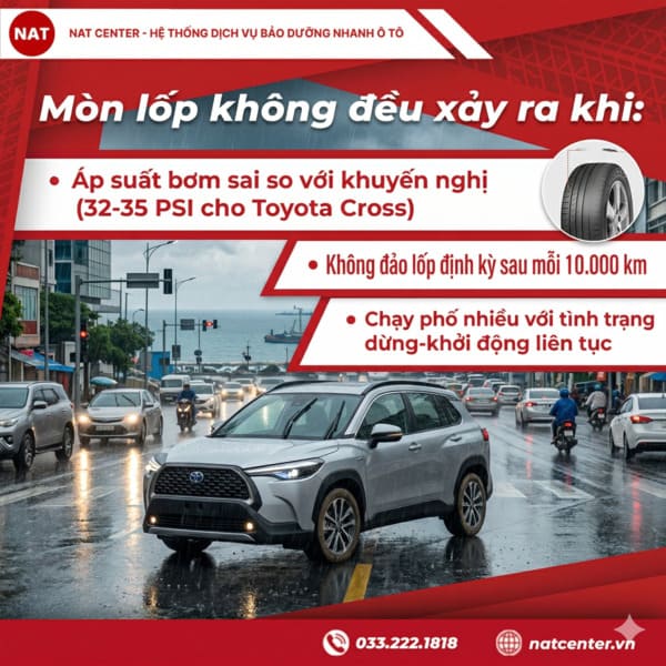 Bảo dưỡng xe Toyota Cross mòn lốp không đều theo NAT Center