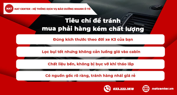 Tiêu chí để tránh mua phải lọc gió điều hoà Kia K3 kém chất lượng
