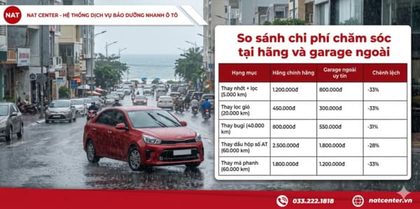 So sánh chi phí bảo dưỡng xe tại hãng và garage ngoài theo NAT Center